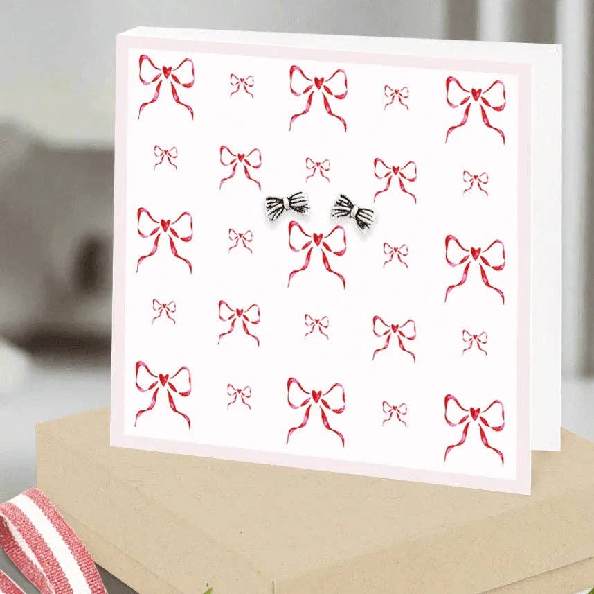 Sterling Silver Earrings – Elegant Silver Bow Studs with Gift Box & Card Set