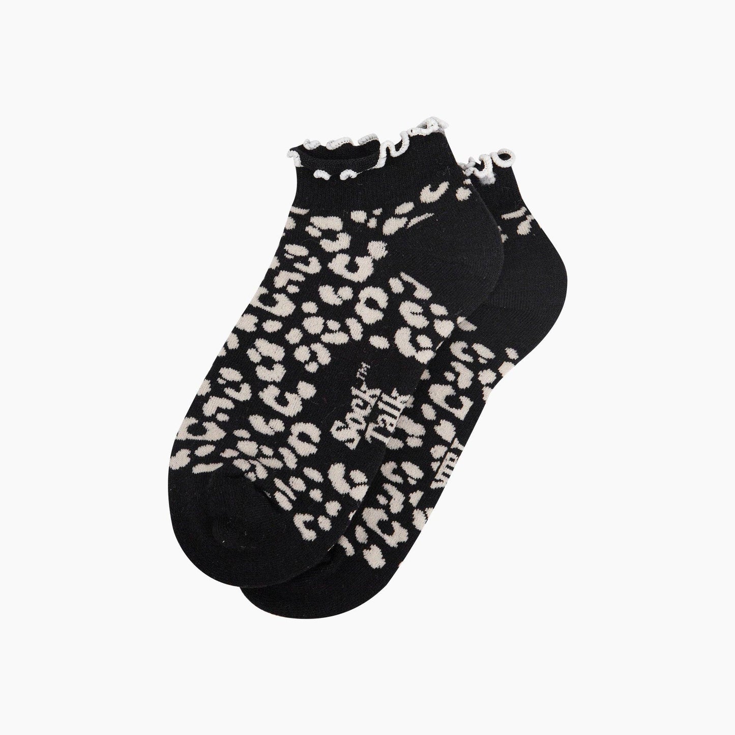 Leopard Print Frilled Cuff Combed Cotton Trainer Socks in Black