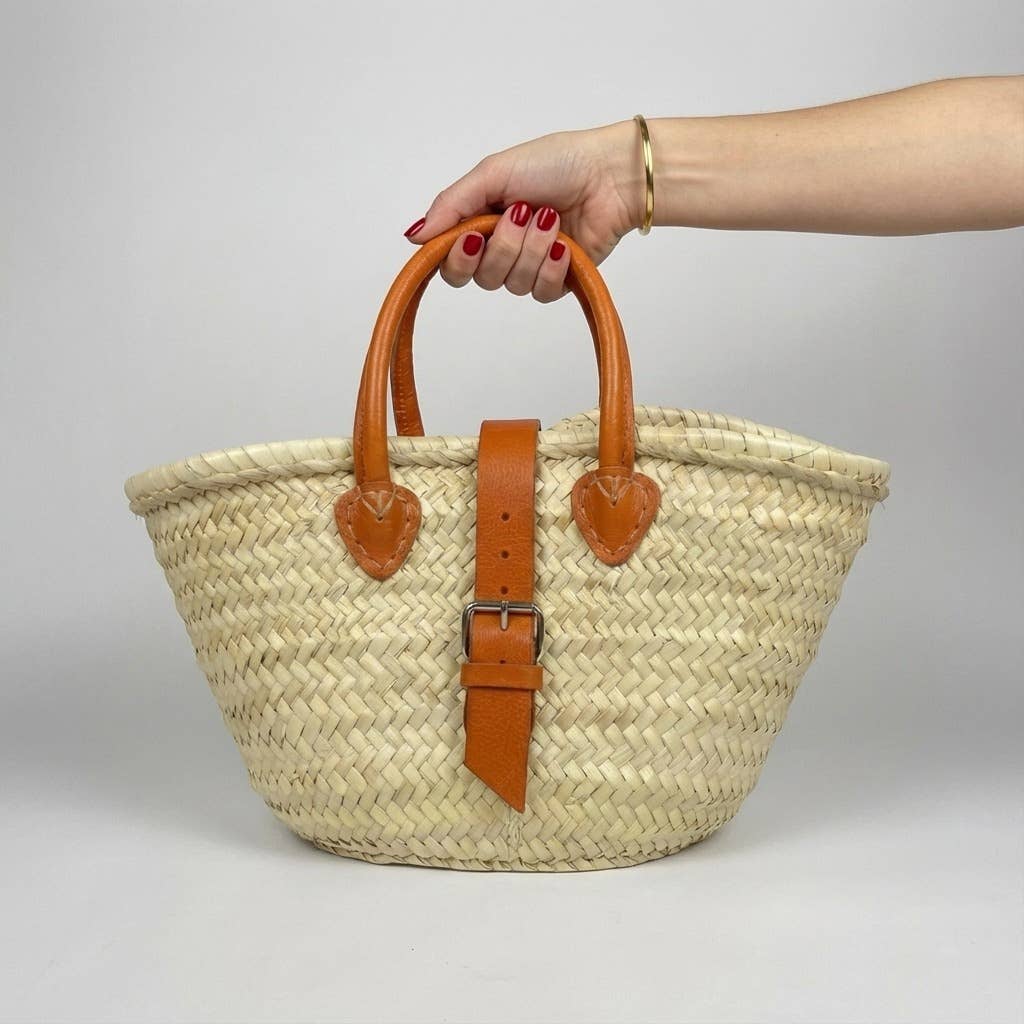 French Market Basket Leather Buckle Straw Bag