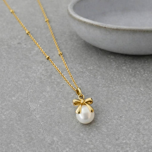 Tarnish Resistant Bow Pearl Necklace