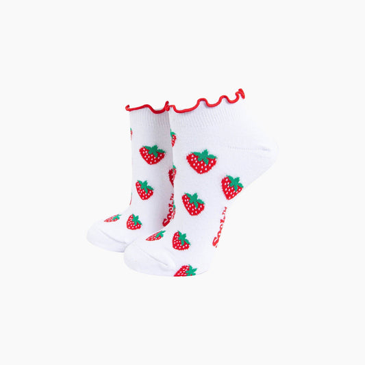 Strawberry Frilled Cuff Combed Cotton Trainer Socks in White