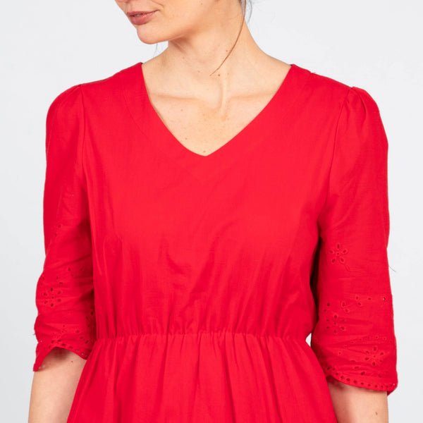 Aurelia Fit & Flare Dress - Broderie Anglaise Trim, Red