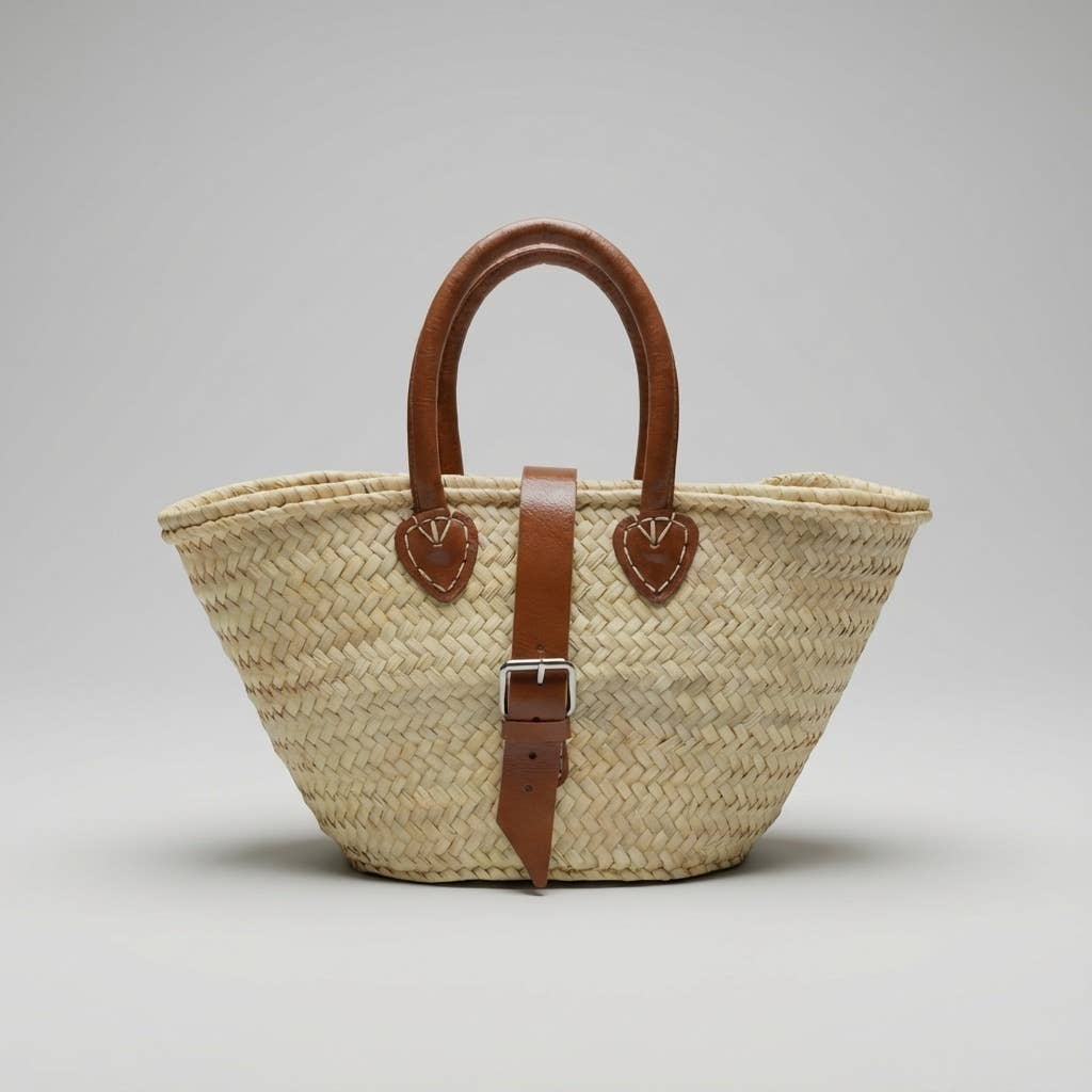 French Market Basket Leather Buckle Straw Bag