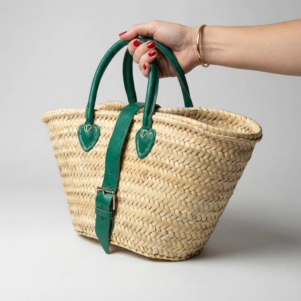 French Market Basket Leather Buckle Straw Bag