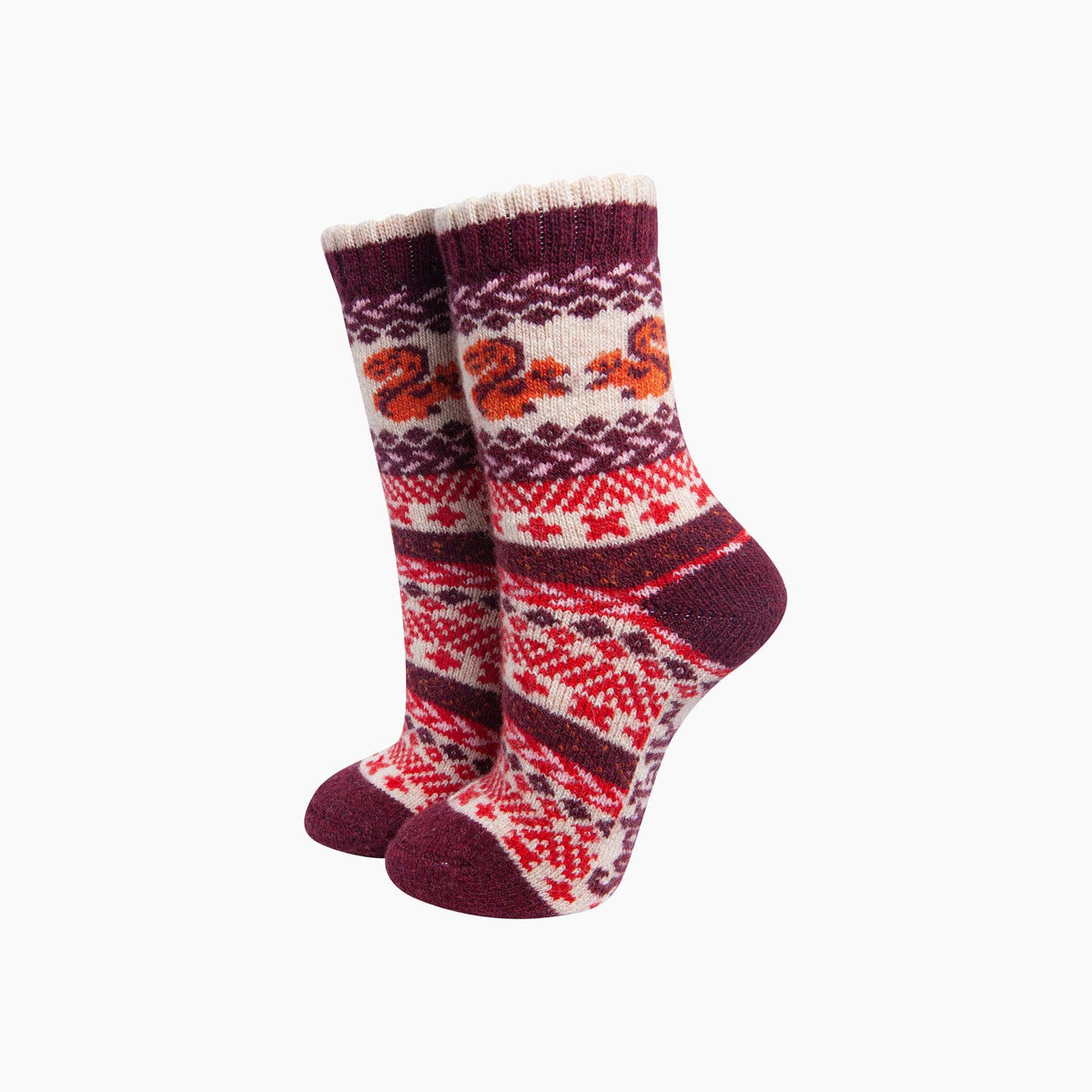 Squirrel Patterned 50% Wool Socks in Cream/Burgundy