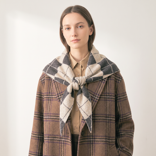 Lucie Traditional Check Triangle Heavyweight Scarf in Brown/Cream