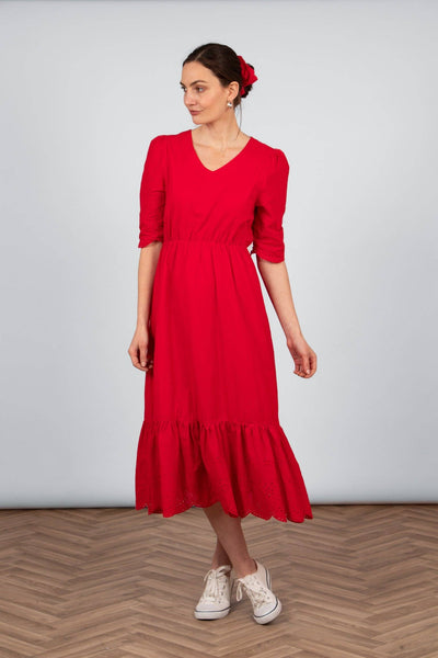 Aurelia Fit & Flare Dress - Broderie Anglaise Trim, Red
