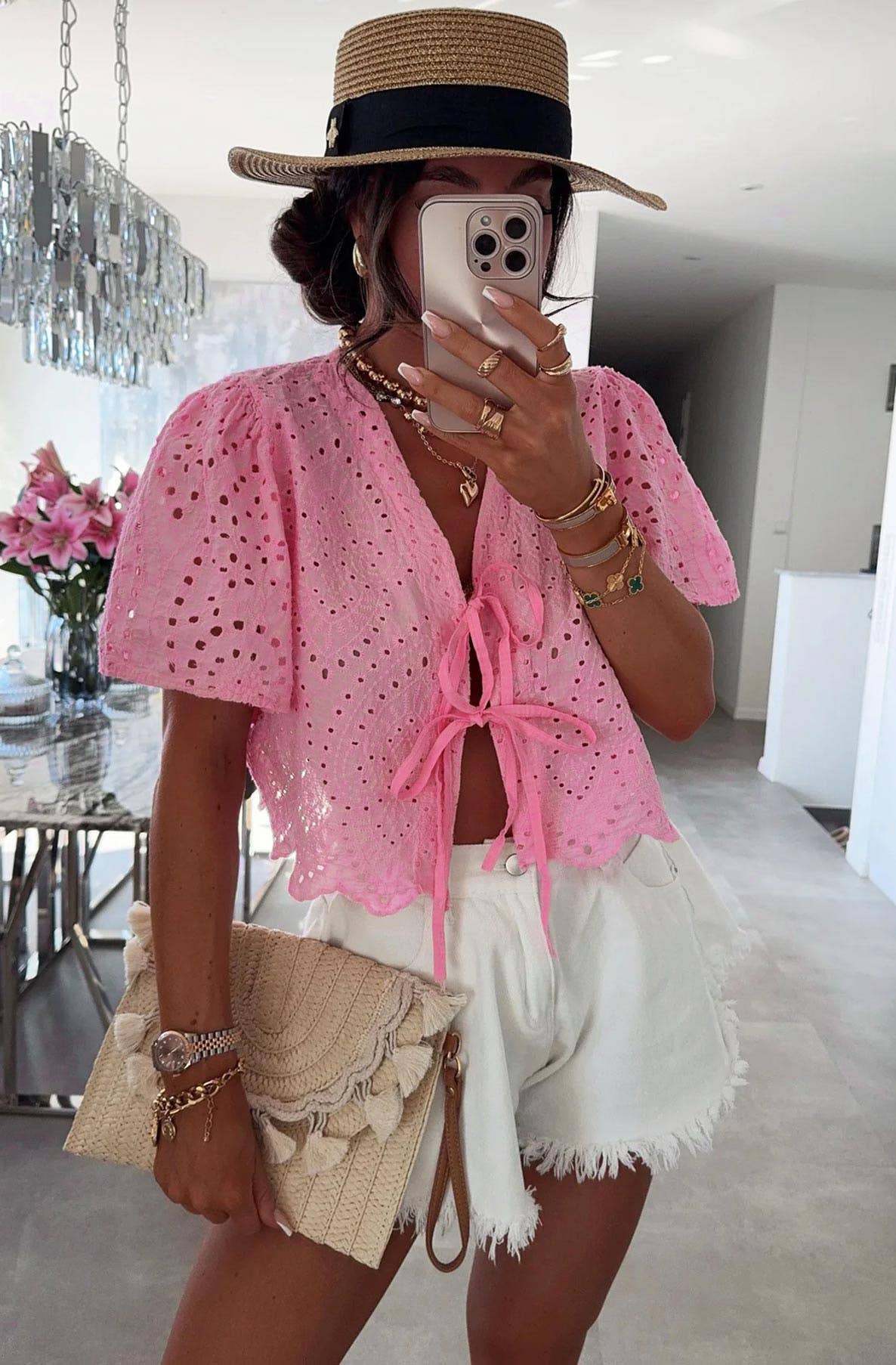 Belle Broderie Style Scalloped Hem Tie-Up Top-Pink
