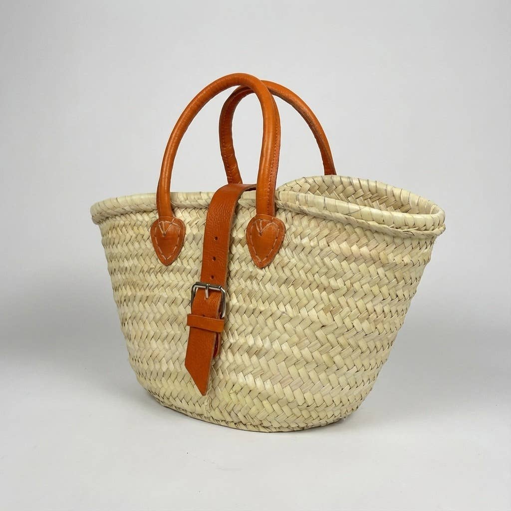 French Market Basket Leather Buckle Straw Bag