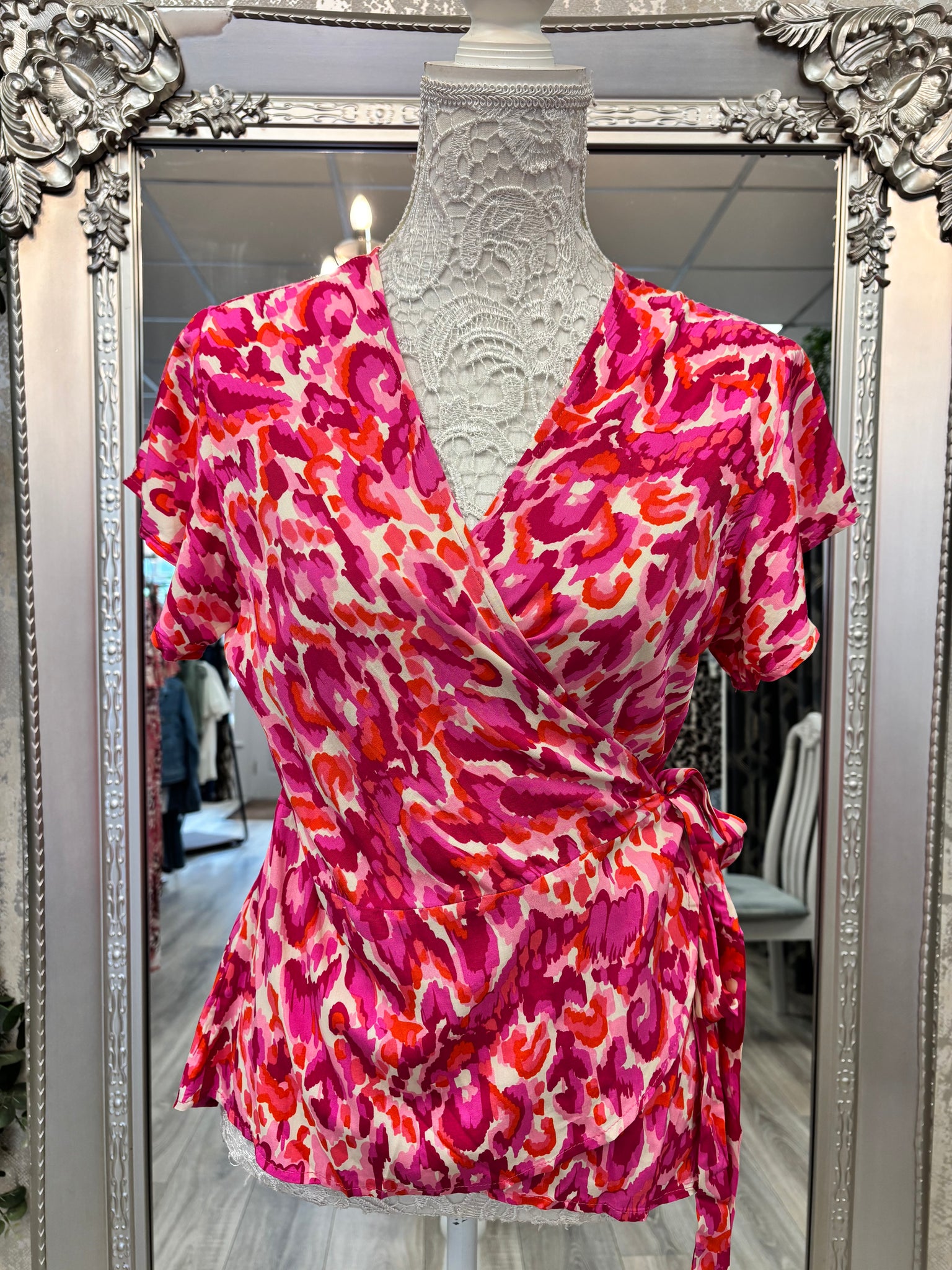 Sheena Short Sleeve Wrap Top - Pink, Abstract Print