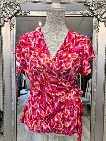 Sheena Short Sleeve Wrap Top - Pink, Abstract Print
