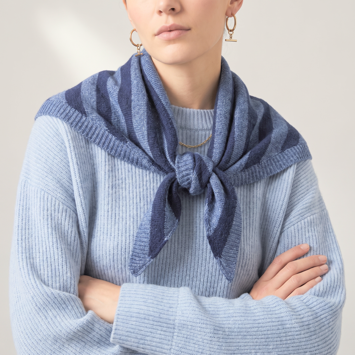 Silvie Striped Triangle Heavyweight Scarf in Denim Blue/Navy Blue