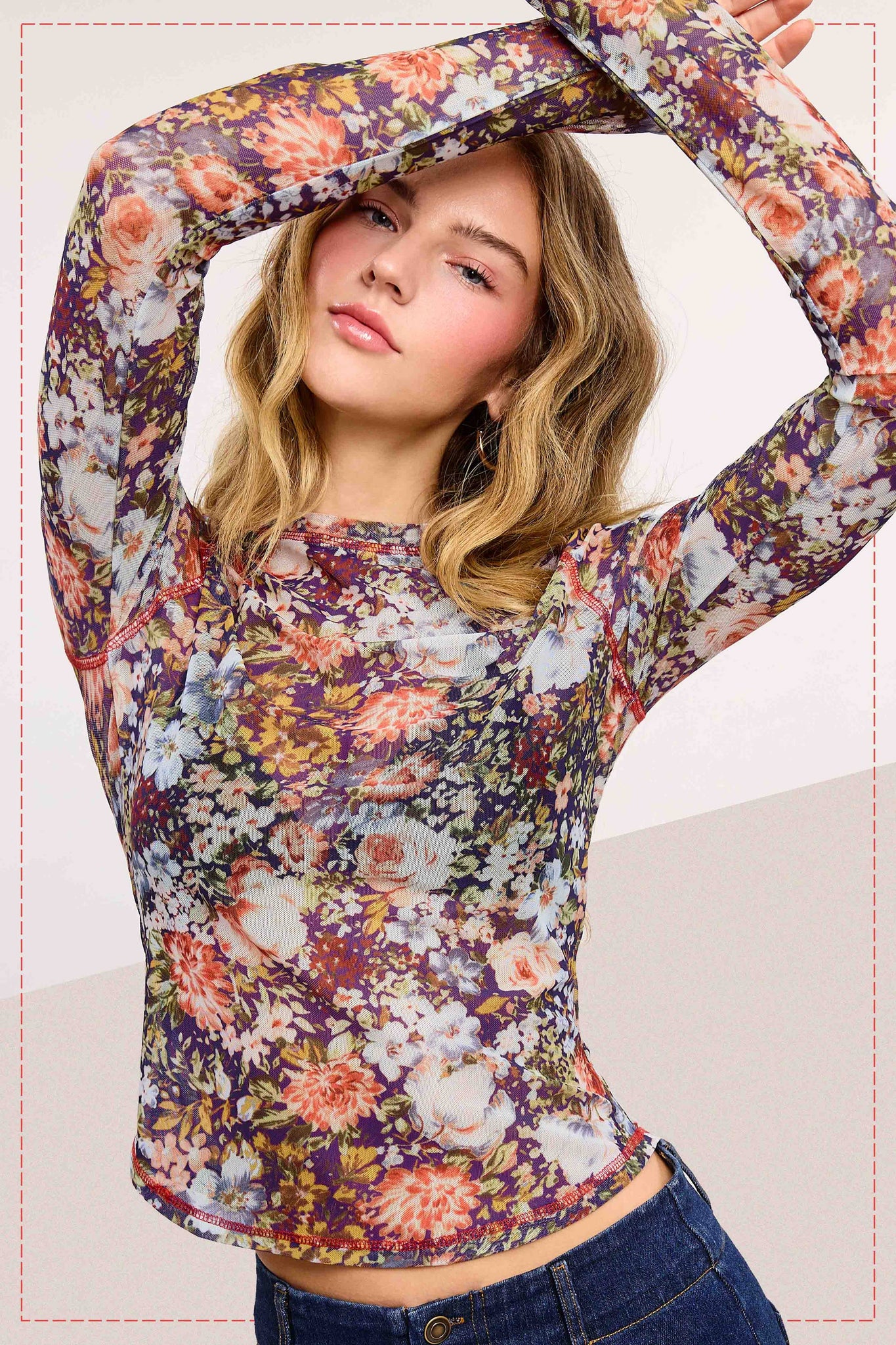 Mena- Semi Sheer Crew Neck Long Sleeve Mesh Layering Top