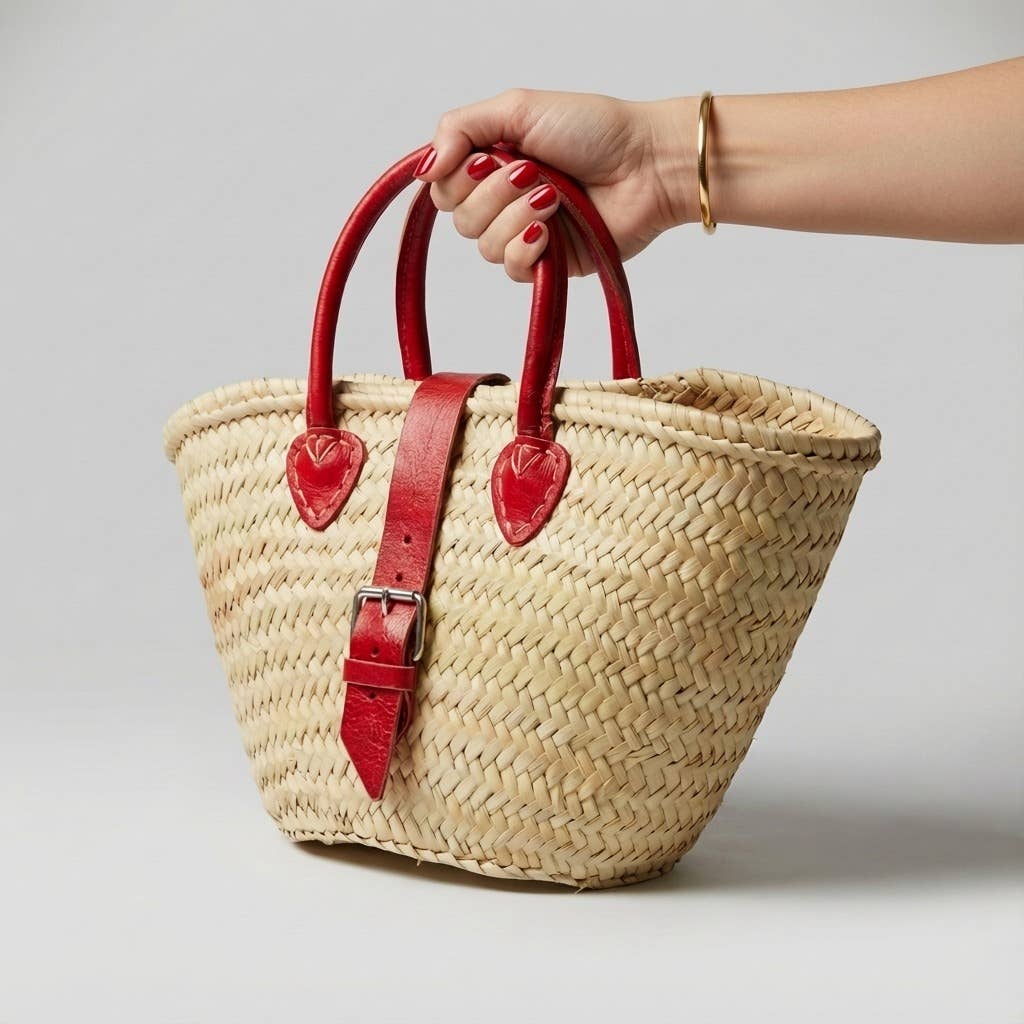 French Market Basket Leather Buckle Straw Bag