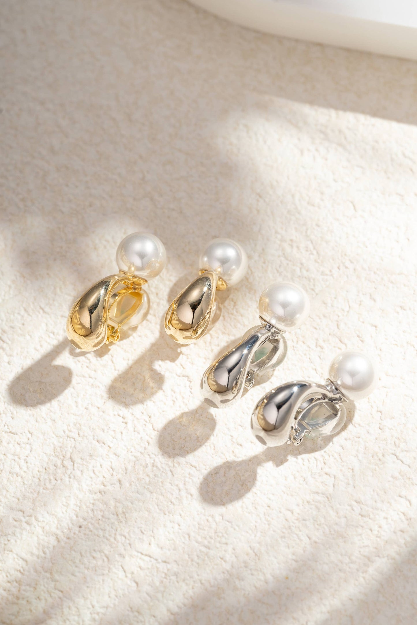 Belle White Pearl Clip-On Earrings Smooth Metal Drop Design