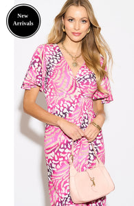Angel sleeve dress in stretch jersey material -pink animal print