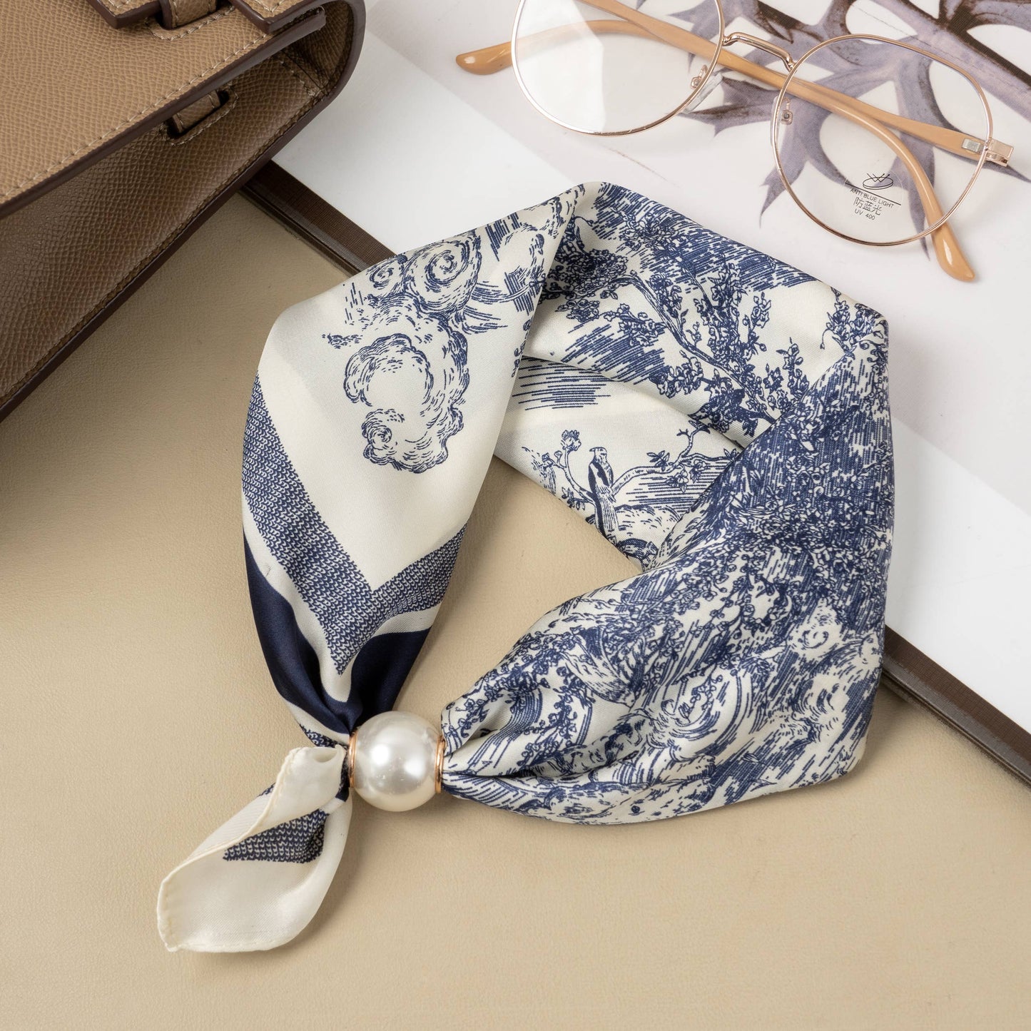 Maxine Magnetic pearl polyester scarf with pastoral blue toile print