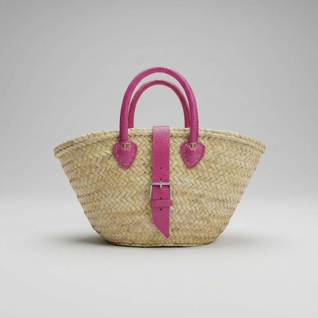 French Market Basket Leather Buckle Straw Bag
