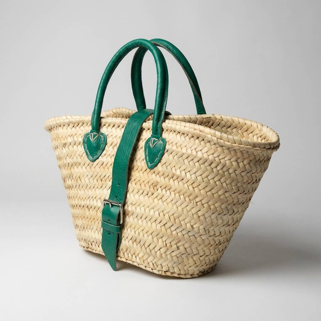 French Market Basket Leather Buckle Straw Bag