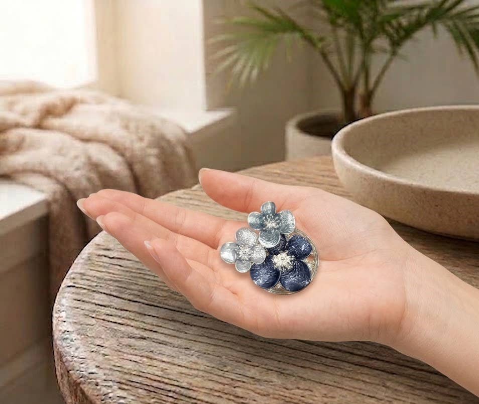 Magnetic Enamel Floral Brooch – Silver & Blue