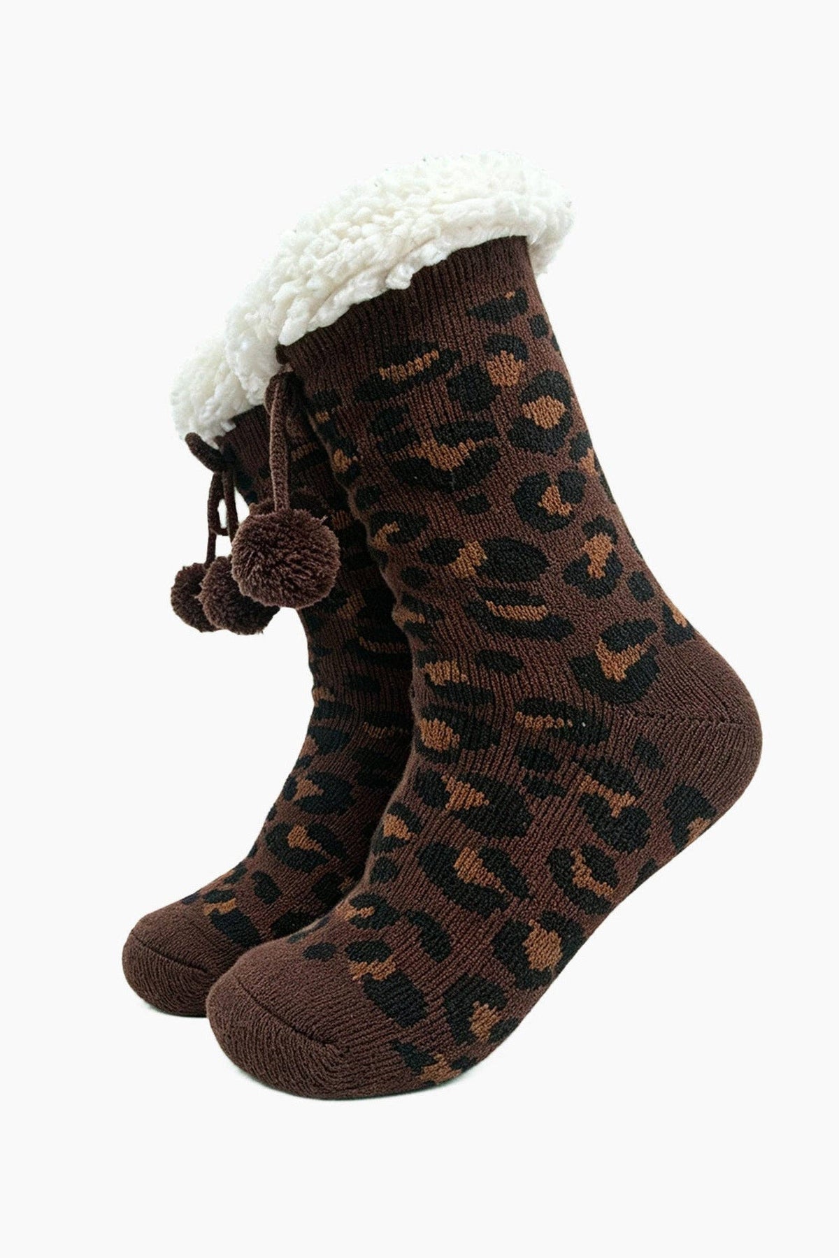 Leopard Print Long Slipper Socks in Brown