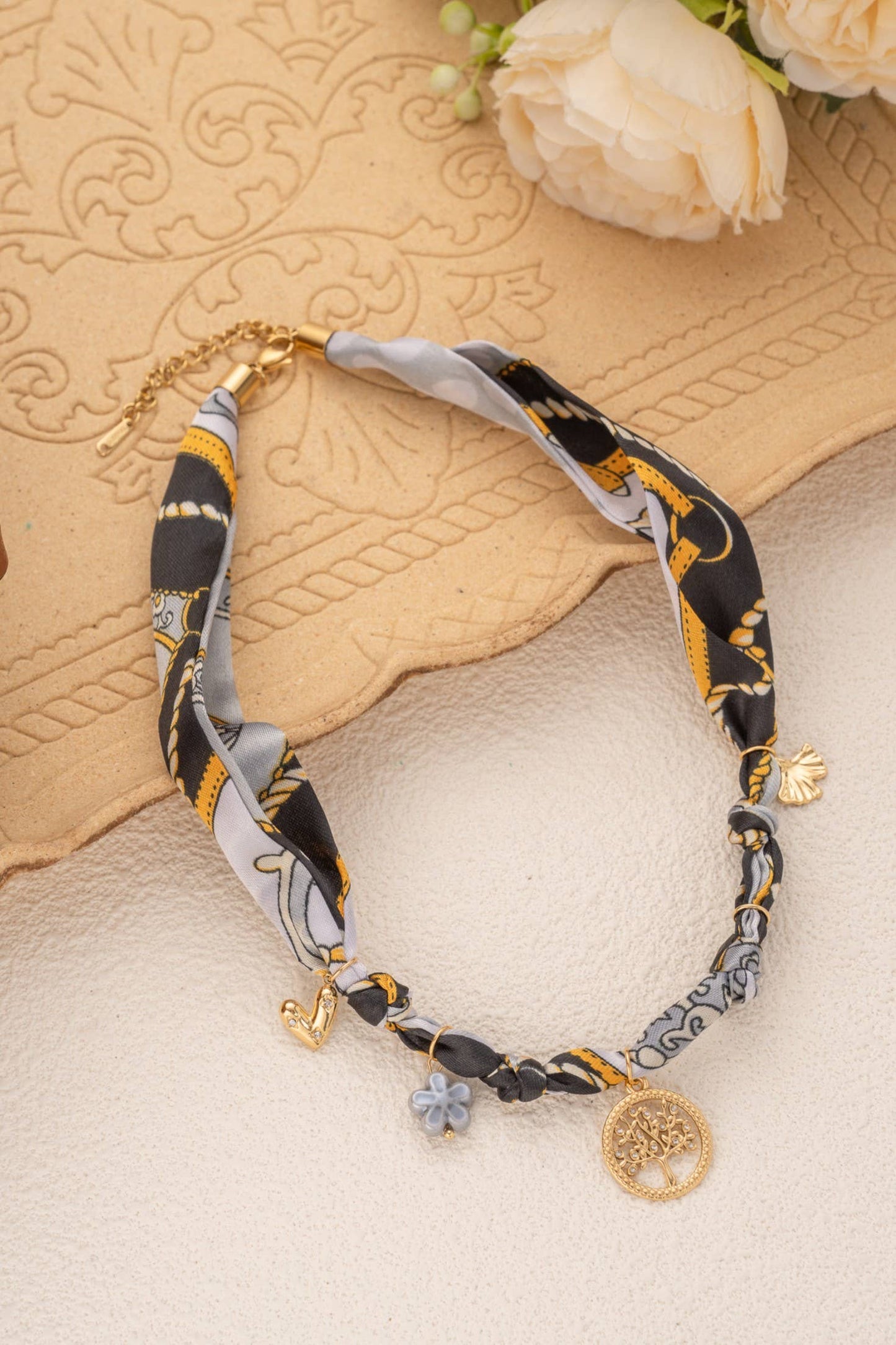 Golden scarf necklace with tree of life charms in stainless steel