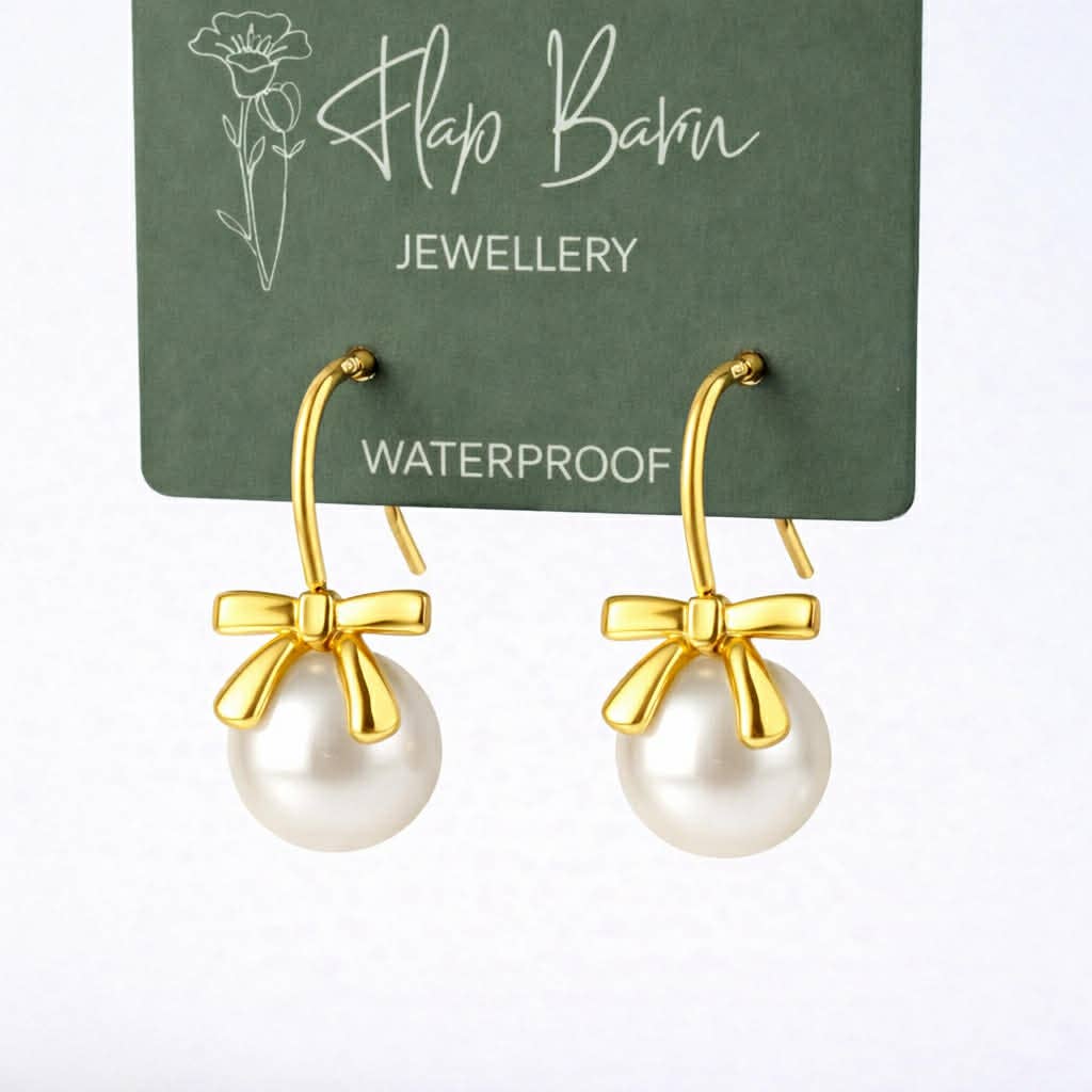 Tarnish Resistant Pearl Bow Earrings