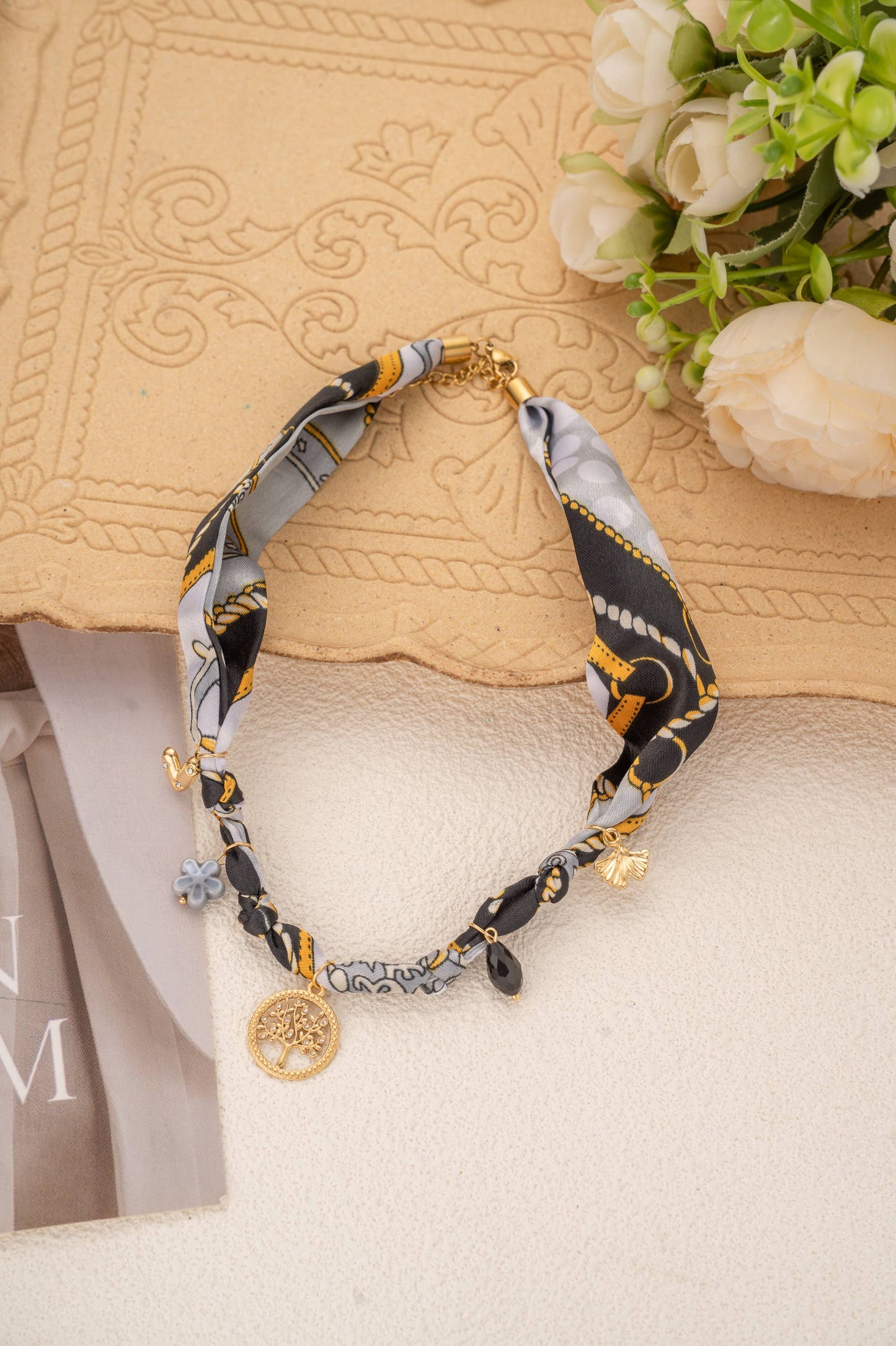 Golden scarf necklace with tree of life charms in stainless steel