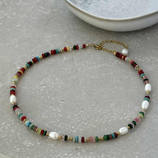 Multi-colour Stone And Pearl Necklace Tarnish Resistant
