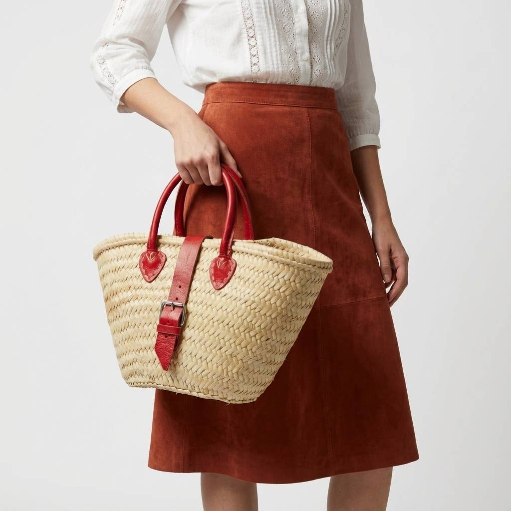 French Market Basket Leather Buckle Straw Bag