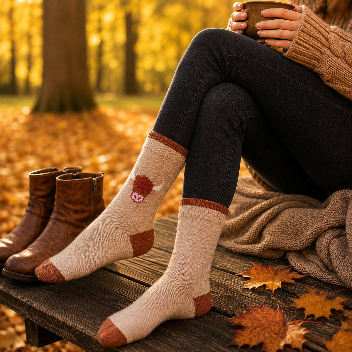 Highland Cow 50% Wool Fluffy Element Socks in Cream