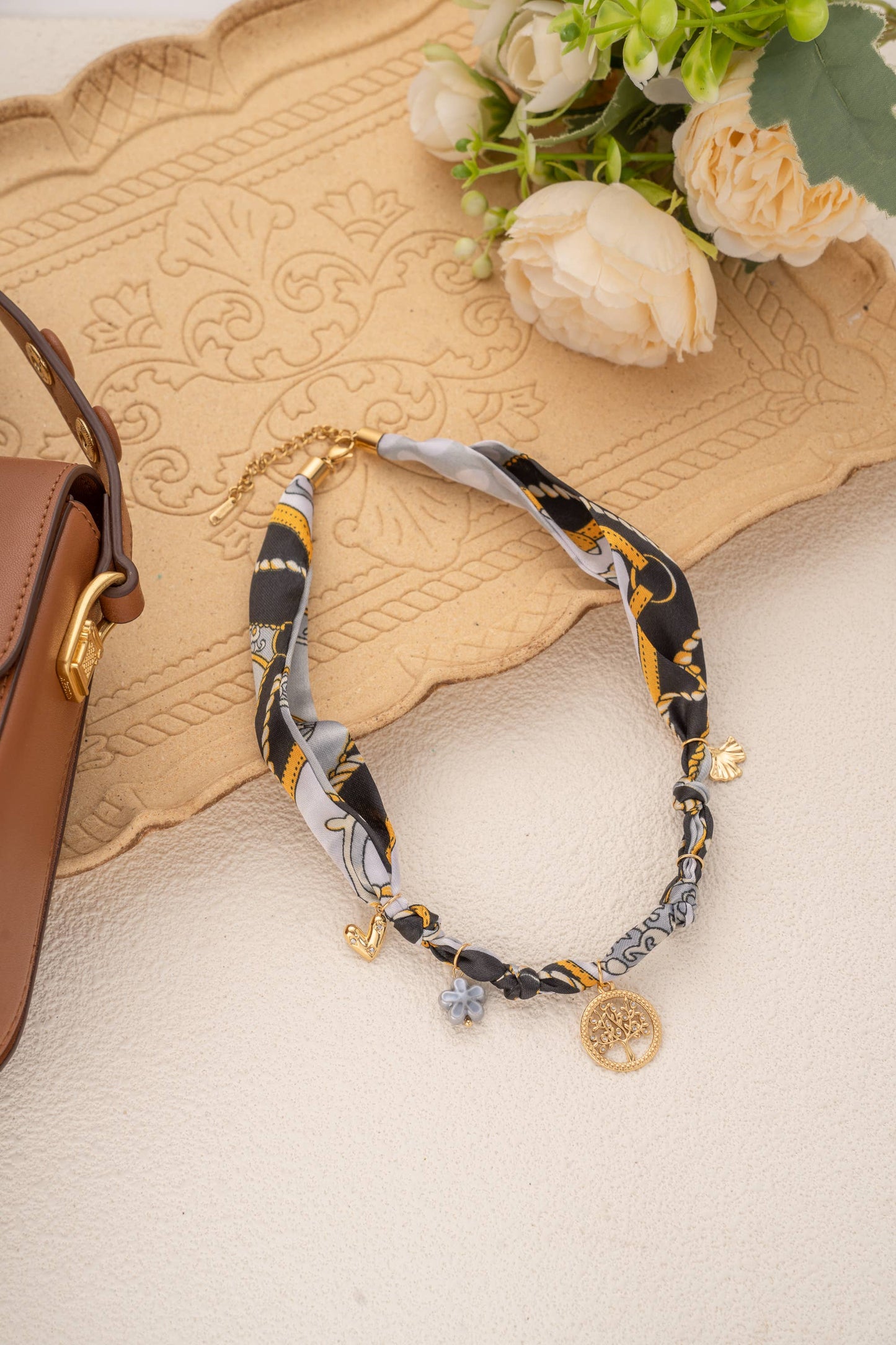 Golden scarf necklace with tree of life charms in stainless steel