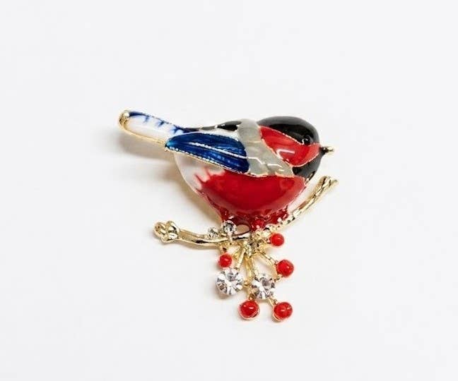 Sparkle Enamel Robin Brooch – Gold, Black, Blue & Red