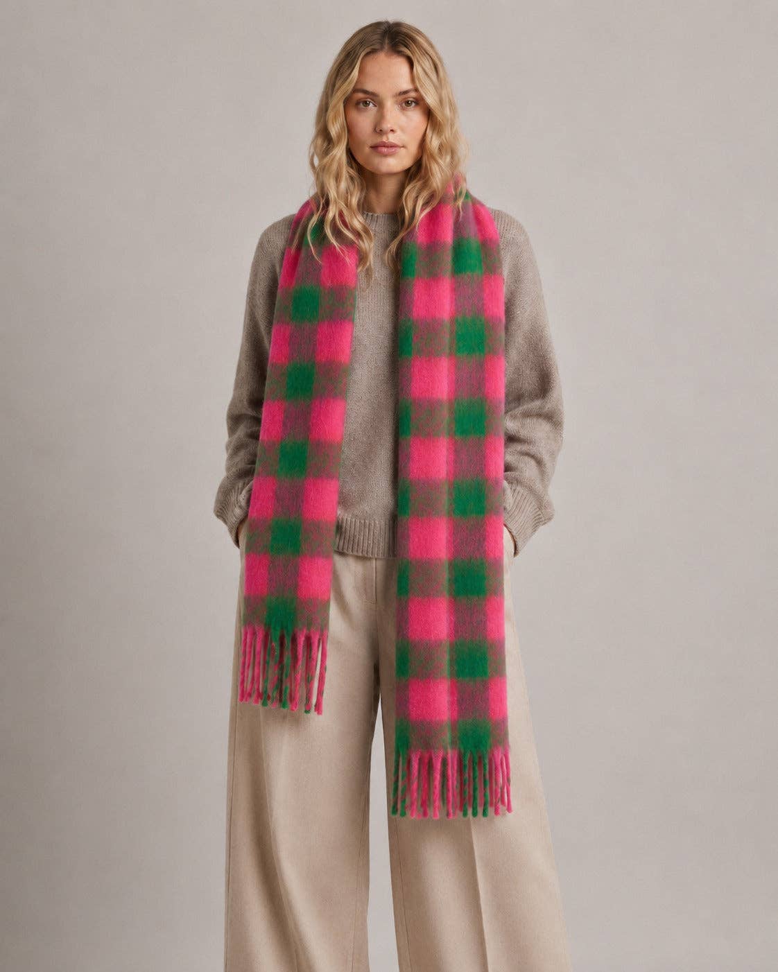 Joey Heavyweight Scarf- Green/pink, Square Check