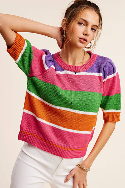Maisy Color Block Striped Puffy Sleeve Sweater Top