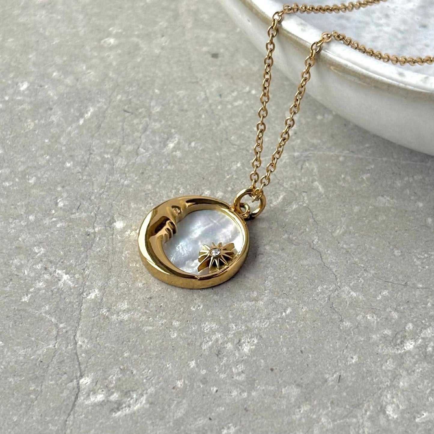 Tarnish Resistant Moon and Star Pearlescent Necklace