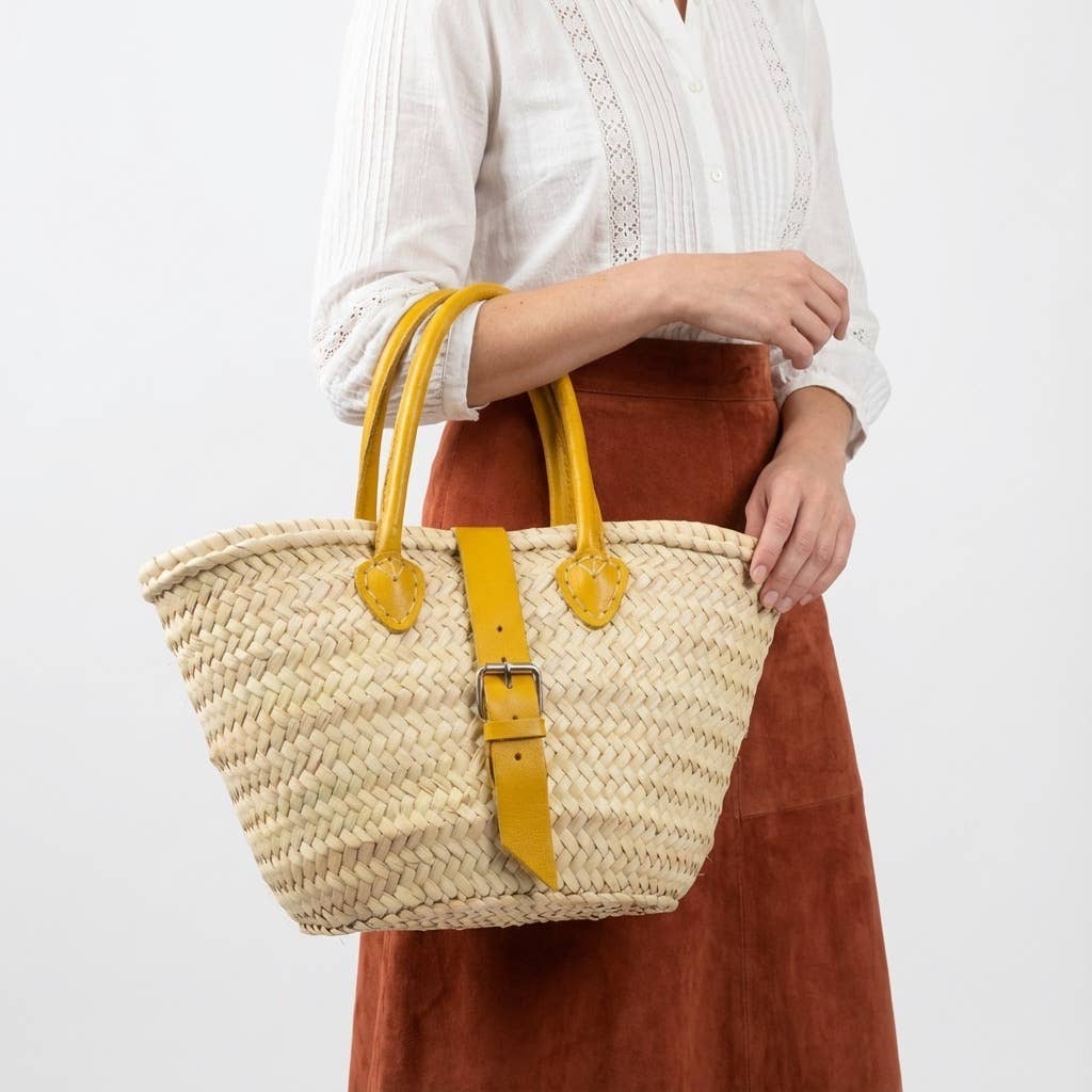French Market Basket Leather Buckle Straw Bag