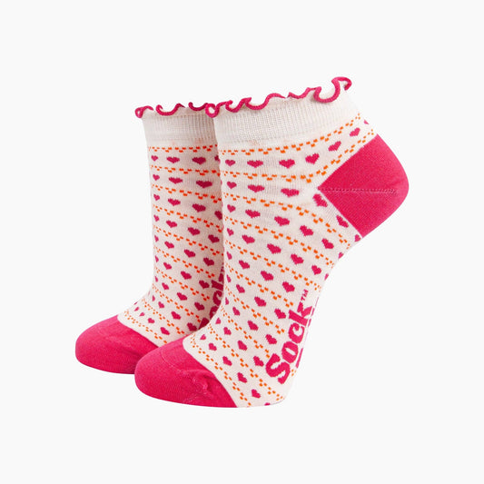 Love Heart Striped Bamboo Trainer Socks in Pink