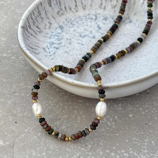Beaded necklace -brown And Green Earthy Toned