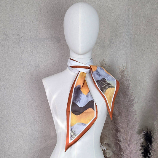 Artisan colour blend print silk feel scarf with ribbon finished edge