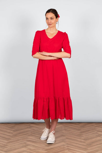Aurelia Fit & Flare Dress - Broderie Anglaise Trim, Red