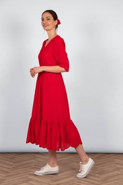 Aurelia Fit & Flare Dress - Broderie Anglaise Trim, Red