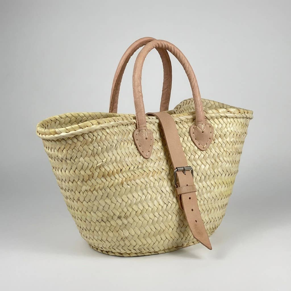 French Market Basket Leather Buckle Straw Bag