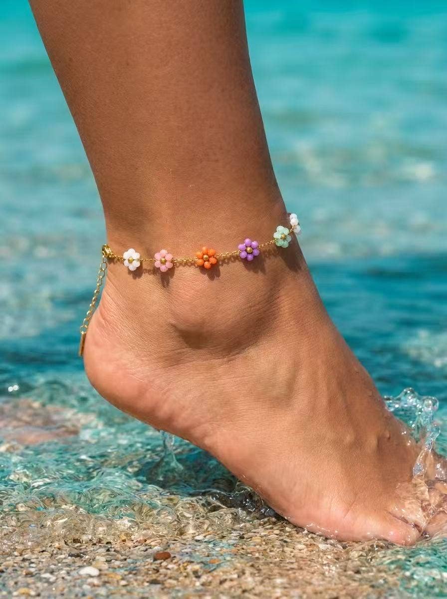 Daisy Delicate colorful flower anklet chain in steel, luminous for summer: Multicolore