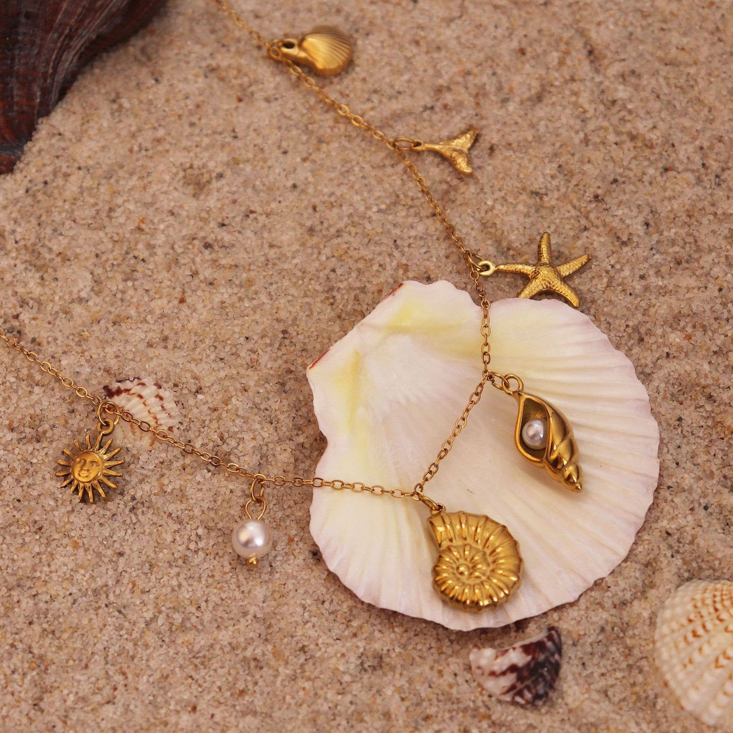 Beach Themed Charm Drop Necklace in Gold