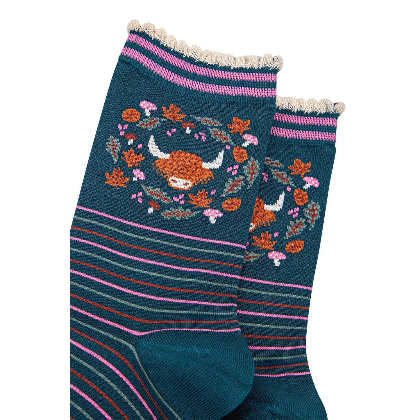 Women's Bamboo Socks - Green/Pink, Highland Cow Floral