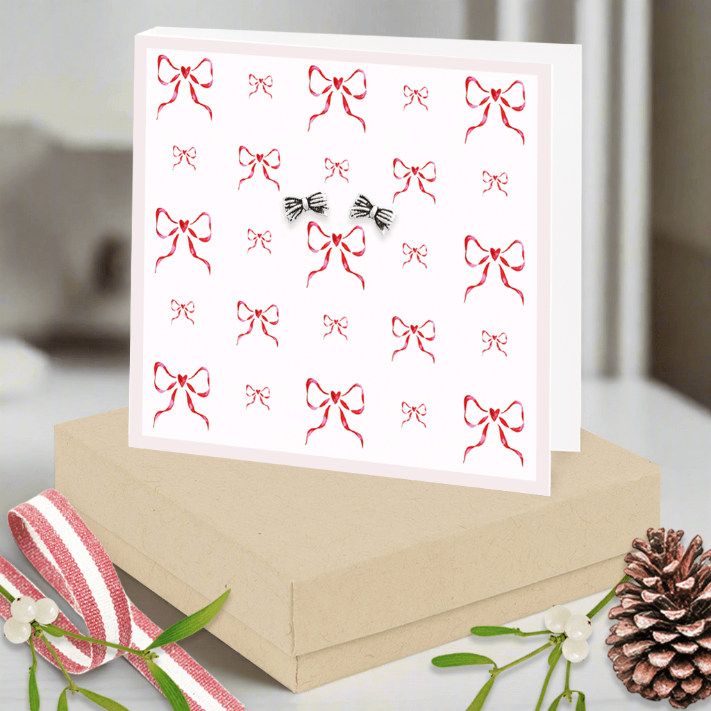 Sterling Silver Earrings – Elegant Silver Bow Studs with Gift Box & Card Set