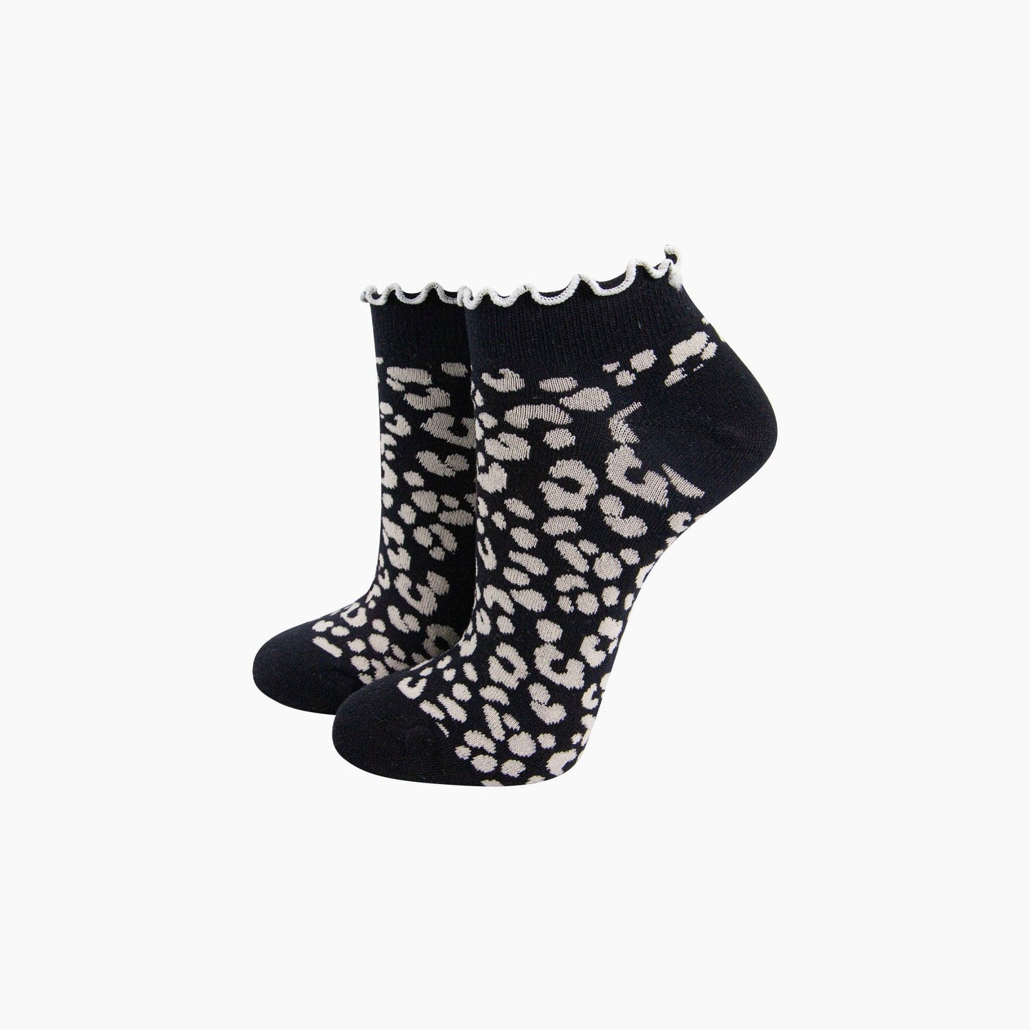 Leopard Print Frilled Cuff Combed Cotton Trainer Socks in Black