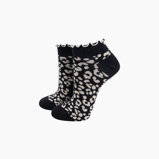 Leopard Print Frilled Cuff Combed Cotton Trainer Socks in Black