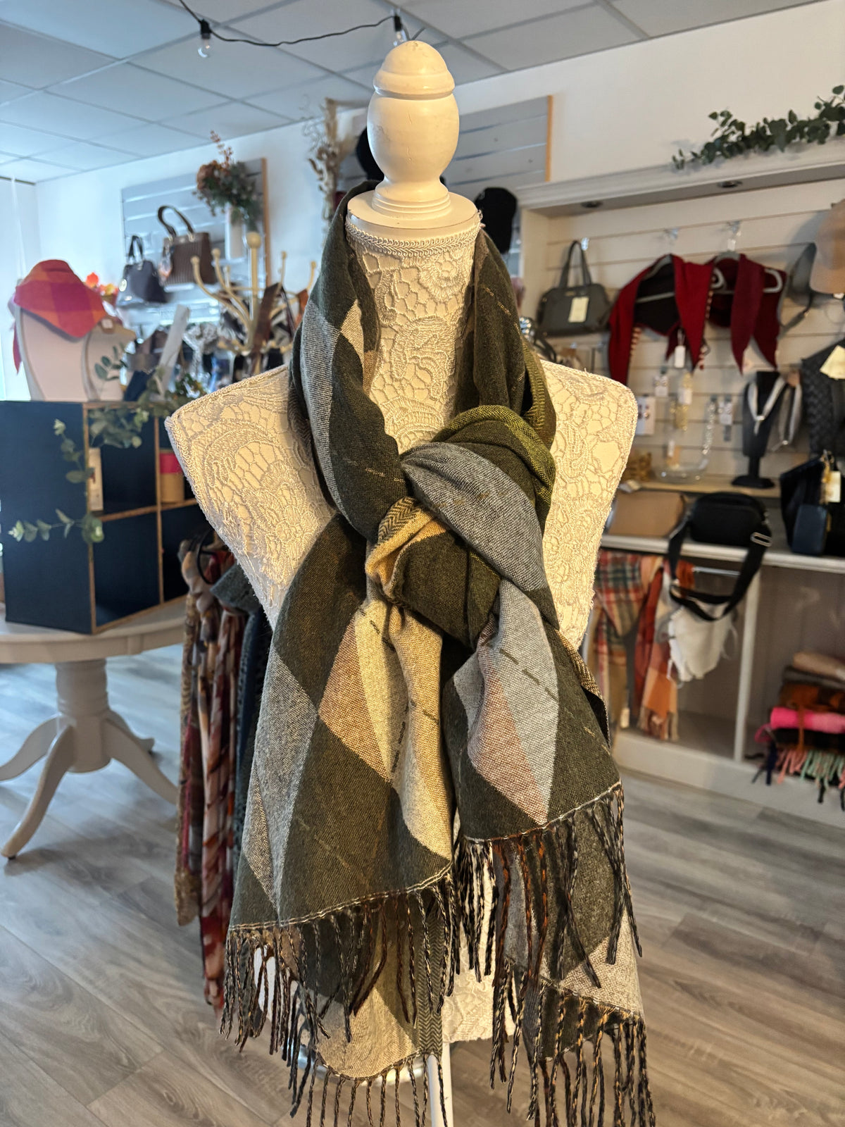 Wren Green mix Argyle patterned scarf